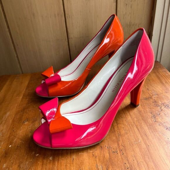 Anne Klein Foxie Pink Orange Patent Bow Heels SZ 7 Peep Toe Pumps - Picture 11 of 12
